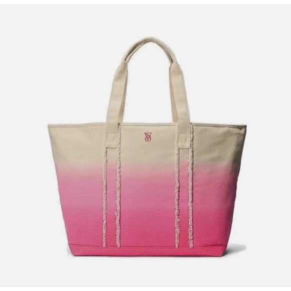 Victoria's Secret Pink Tote Weekender Bag Pink / Off White Fringe Canvas - Picture 1 of 5